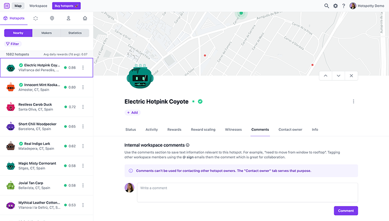 Internal workspace comments for hotspots, wallets, locations, contacts and installs